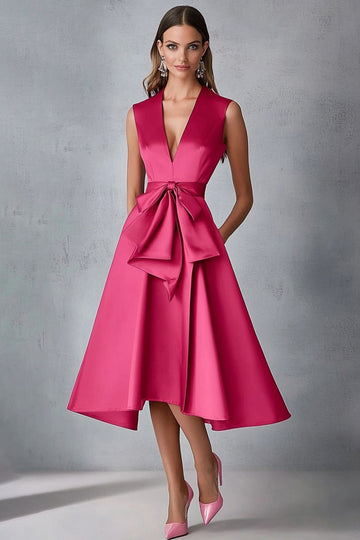Fuchsia Satin V-Neck A Line Wedding Guest Dress